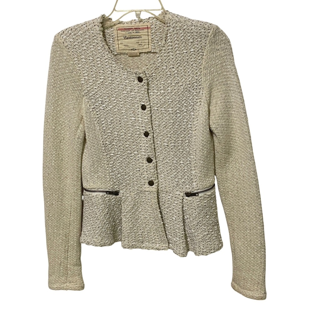 Cartonnier Anthropologie Cream Boucle Peplum Knit Blazer Womens XS Old Money